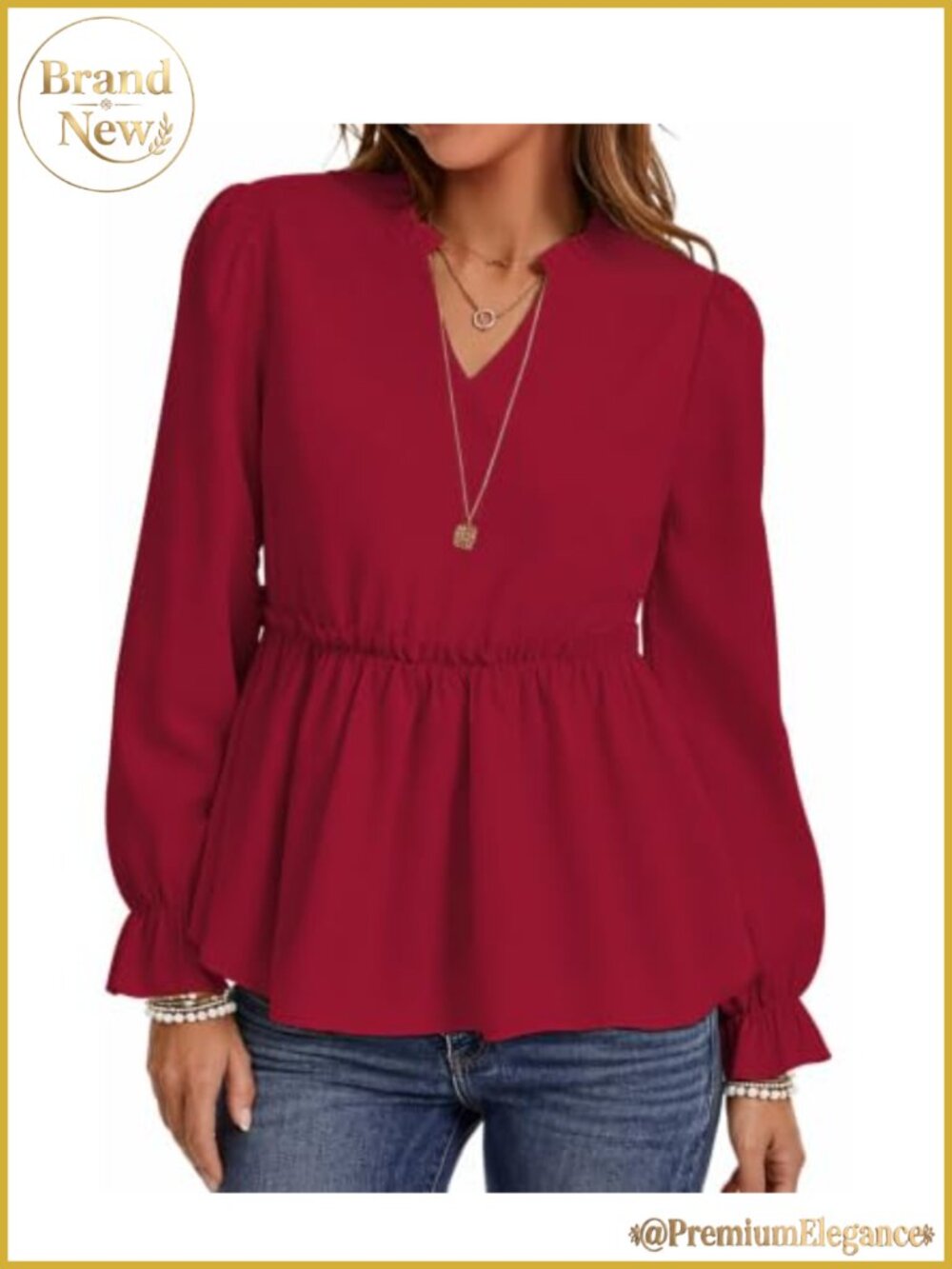 Ruffle V Neck Puff Sleeve Smocked Peplum Blouse Top